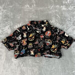 Ed Hardy Shirt Womens Medium Multicolor Tattoo Skull Cropped Button Up Top